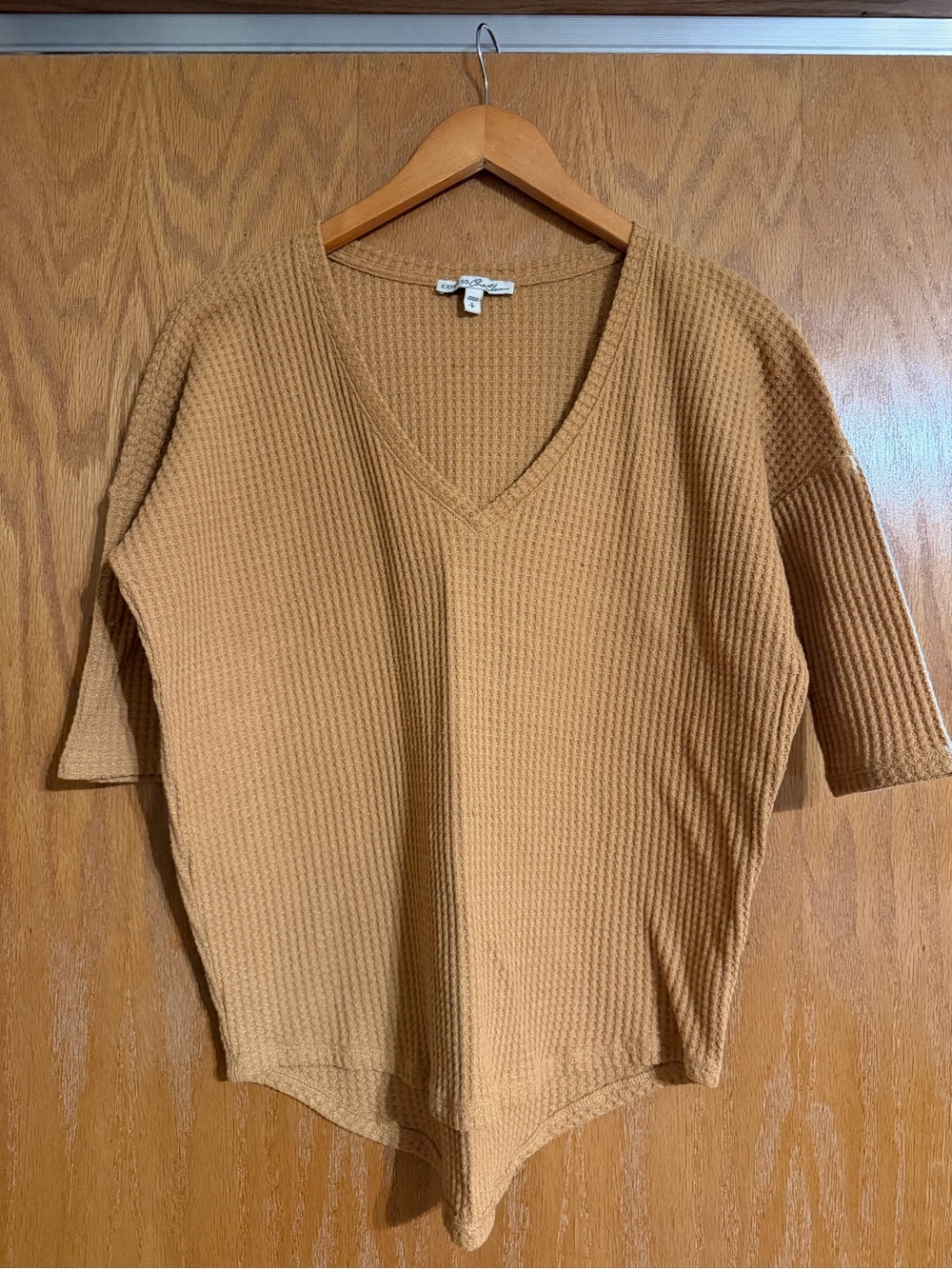 Express Waffle-Knit V-Neck Bodysuit in Camel Brown